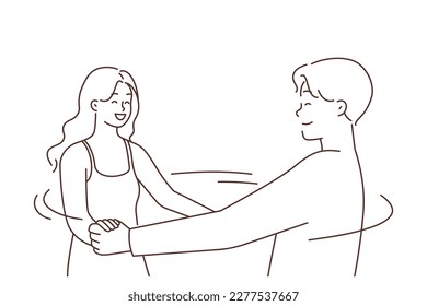 Happy multiethnic couple hold hands dancing together. Smiling interracial man and woman have fun swinging. Vector illustration. 