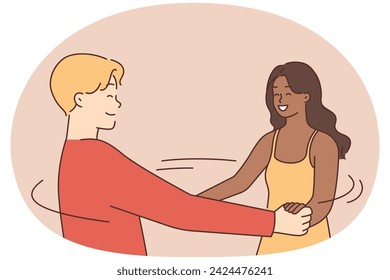 Happy multiethnic couple hold hands dancing together. Smiling interracial man and woman have fun swinging. Vector illustration.