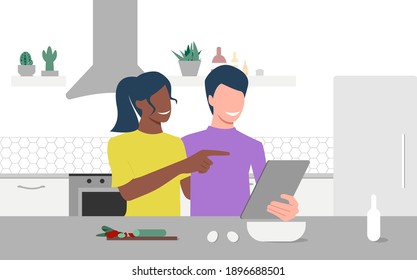 Happy multiethnic couple looks on tablet and choose recipe in their kitchen. Online culinary school. Online courses, e-learning. Eps 10.