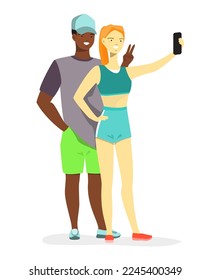 Happy multiethnic couple selfie photo by mobile phone camera vector illustration. Young hipster family picture made on smartphone. Man and woman portrait