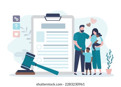 Happy multiethnic family, parents with two children. Love couple with kids standing near adoption agreement. Adoption application and gavel. Adoption papers laid out ready for completion. flat vector
