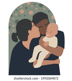 Happy multi-ethnic family portrait. Patents with their baby. Dad holding kid. Mom hugging her family and kiss her husband. Isolated vector illustration on a white background.