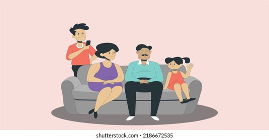 Happy multiethnic family sitting on sofa laughing together. Cheerful parents playing with their son and daughter at home. Black father tickles his little boy while the mother and the brother smile.