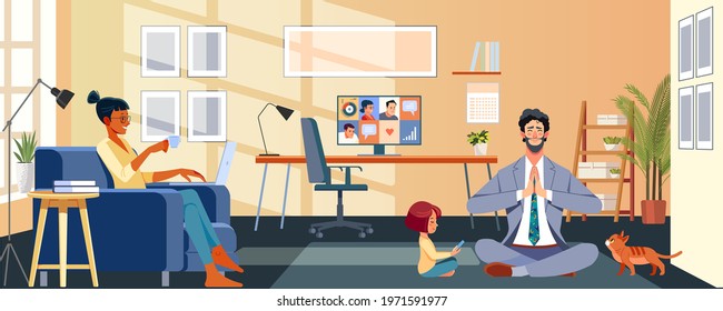 Happy multiethnic family, working at home concept. Smiling mother works online. Businessmen with daughter and cat sitting lotus position and meditating. Cartoon vector illustration.