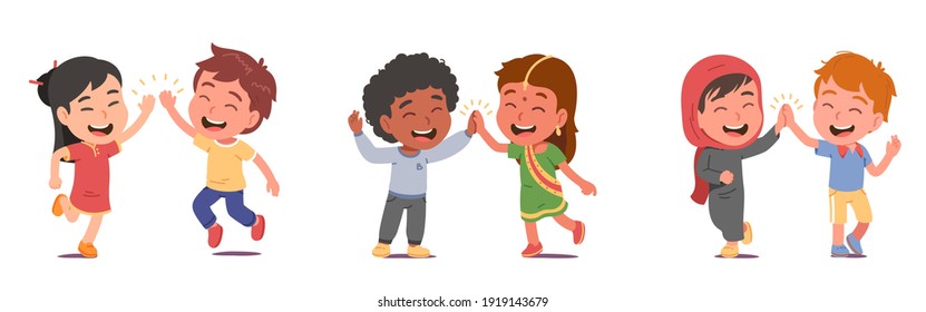 Happy multiethnic friends kids boys, girls give high five greeting. Friendly diverse nationalities children persons in national costumes meeting. International friendship flat vector illustration set