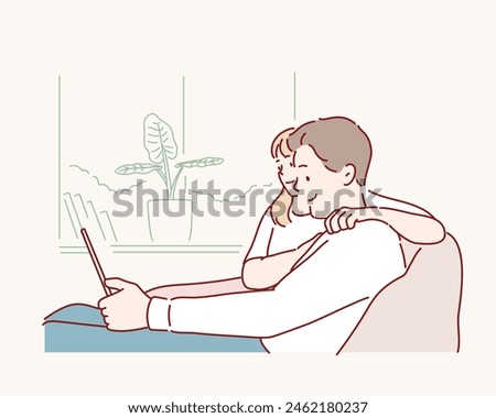 Happy multiethnic mature couple using digital tablet for online payment with credit card. Latin wife showing something to buy on digital tablet to her husband. Hand drawn style vector design ill