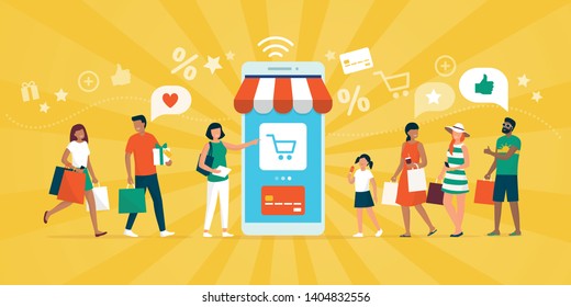 Happy multiethnic people shopping together on a shopping app and smartphone, online payments and e-shopping concept