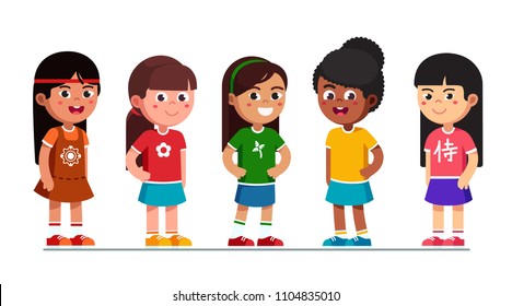 Happy multiethnic preschool girls standing in line. Smiling diverse kids cartoon characters set. Multiracial children. Caucasian, African American, Asian, Indian, Chinese kids. Flat vector illustratio