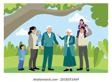 A happy multigenerational family enjoying quality time outdoors. Gathering and playing together in the park. Flat vector illustration.
