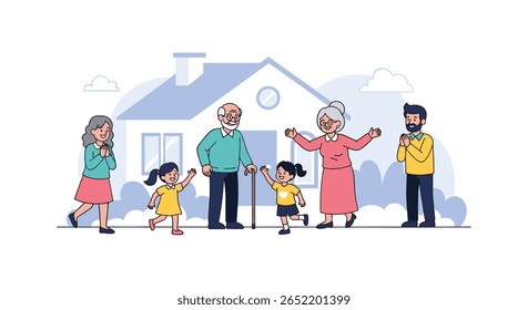 Happy multigenerational family enjoying time together outside their new home