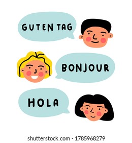 Happy multilingual kids. Guten tag, Bonjour, Hola it's greeting in German, French, Spanish. Vector illustration on white background.