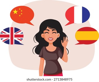 
Feliz persona multilingüe hablando Ilustración vectorial. Persona que se comunica en español, chino, francés o inglés 
