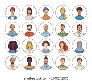 Happy multinational people avatars set. Smiling adult men and women profile pictures. Diverse human face icons for representing person vector illustration. User pic for web forum or account in circles