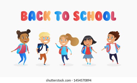 Happy multiracial children running with schoolbags. Back to school concept.