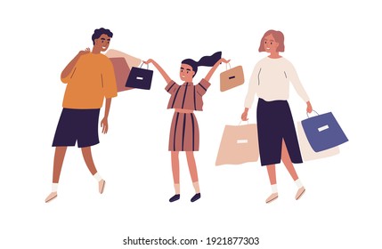 Happy multiracial family with kid holding shopping bags. Mother, father and daughter with purchases after shop. Colored flat vector illustration of shopaholics or shoppers isolated on white background