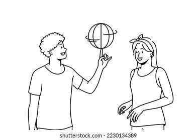 Happy multiracial friends have fun playing basketball outdoors. Smiling man and woman enjoy game on playground. Hobby and entertainment. Vector illustration. 