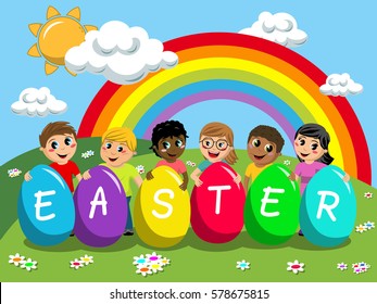 Happy multiracial kids or children playing with big multicolored easter eggs outdoor  