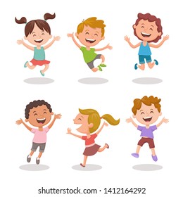 Happy multiracial kids joyfully jumping and laughing. Cartoon character design, isolated on white background. Set 3 of 3.