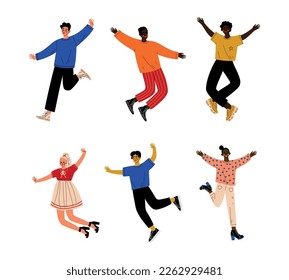 Happy multiracial people jumping in air set. Stylish girls and guys in trendy clothes celebrating success cartoon vector illustration