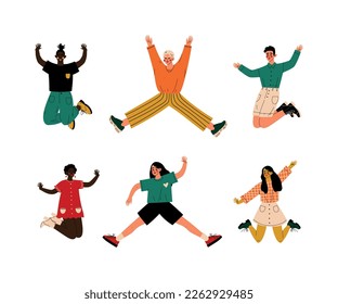 Happy multiracial people jumping in air set. Girls and guys in modern stylish clothes celebrating success, having fun cartoon vector illustration