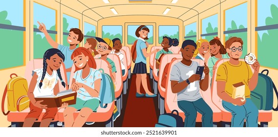 Estudantes multirraciais felizes montando ônibus escolar ilustração plana. Crianças no veículo 2D personagens fundo de desenho animado. Imagem vetorial da cena de educação