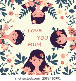 Happy mum surrounded by her children and flowers. Vector illustration. Festive greeting card with Mother's Day.