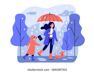 Happy mum walking in raining day with dog and son isolated flat vector illustration. Cartoon mother and child in raincoats with dachshund. Bad weather and downpour concept