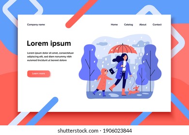 Happy mum walking in raining day with dog and son isolated flat vector illustration. Cartoon mother and child in raincoats with dachshund. Bad weather and downpour concept