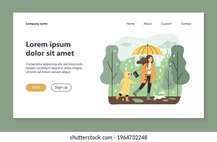Happy mum walking in raining day with dog and son isolated flat vector illustration. Cartoon mother and child in raincoats with dachshund. Bad weather and downpour concept