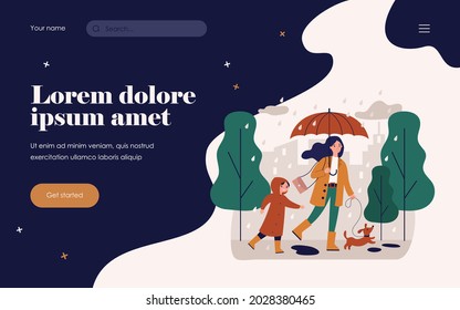 Happy mum walking in raining day with dog and son isolated flat vector illustration. Cartoon mother and child in raincoats with dachshund. Bad weather and downpour concept