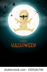 Happy mummy in moon night background. Halloween cartoon character design. Happy halloween concept. Illustration for banner, poster, greeting card, digital design.