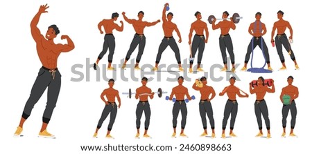 Happy, Muscular Bodybuilder Man Doing Exercises. Athlete Showcase Sculpted Physique Through Precise Poses, Emphasizing Muscle Definition And Symmetry, Focus On Strength And Conditioning, Vector Set