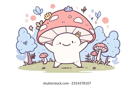 A happy mushroom with arms raised in celebration, surrounded by a whimsical forest