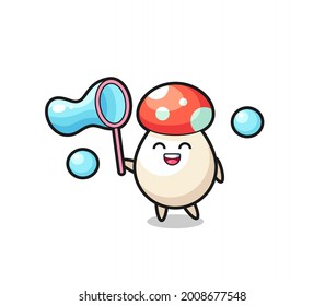 happy mushroom cartoon playing soap bubble , cute style design for t shirt, sticker, logo element