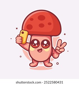 happy mushroom character mascot taking a selfie with a smartphone isolated cartoon