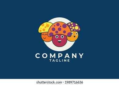 Happy Mushroom Logo. Three cute smiling mushrooms. logo with fresh cartoon style, suitable for food business, restaurant, snack, etc.