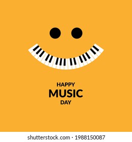 Afiche del Feliz Día de la Música con un sonriente vector facial. Claves de piano feliz carita sonriente vector. Icono simple de teclado de piano. Elemento de diseño de Music Day. 21 de junio. Día importante