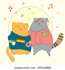 Happy music lgbt cats with rainbow heart