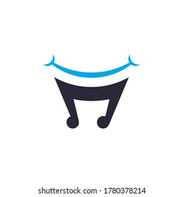 Happy music logo, music note with mouth smile, simple flat logo template in blue color