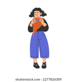 Happy Musical Girl Character Standing and Playing Panpipe Vector Illustration
