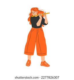 Happy Musical Redhead Girl Character Standing and Playing Flute Vector Illustration