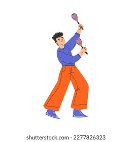 Happy Musical Teen Boy Character Standing and Playing Maraca Vector Illustration