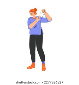 Happy Musical Woman Character Standing and Playing Triangle Vector Illustration