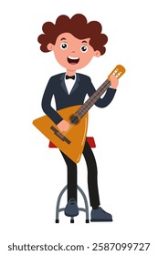 Happy musician playing a guitar while sitting on a stool in a cheerful setting