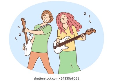 Happy musicians with guitars playing music. Smiling hippie couple have fun performing together. Hobby and entertainment. Vector illustration.
