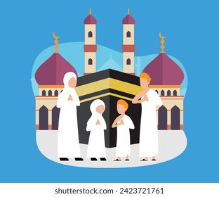 Happy musim family with Islamic Pilgrimage Hajj mabrour greeting flat 2d vector illustration