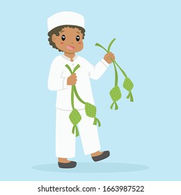 Happy Muslim African American boy in white clothes and hat holding ketupat in both hands celebrating Ramadan, cartoon vector.