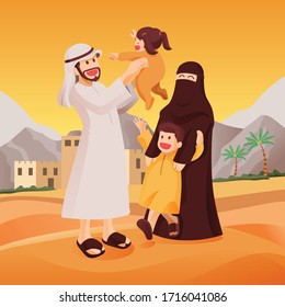 Happy Muslim Arab Family Together in Celebration, Father Lift His Daughter with Mother and Her Son enjoy themselves in the desert