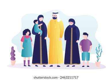 Glückliche muslimische arabische Familie isoliert auf weißem Hintergrund. Arabische Menschen, Vater, Mutter, Sohn, Tochter, die in traditionell islamischen Kleidern zusammenstehen. Flache Vektorillustration