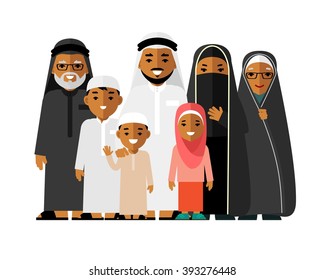 Happy muslim arabic family isolated on white background in flat style. Arab people father, mother, son, daughter, grandmother and grandfather standing together in traditional islamic clothes